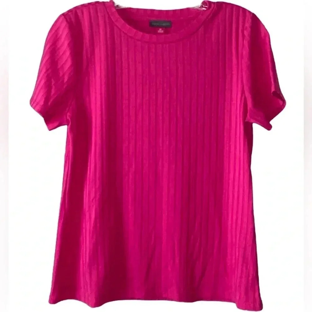 VINCE CAMUTO | Hot Pink Ribbed Knit Short Sleeve Crewneck T-Shirt Top Size M
